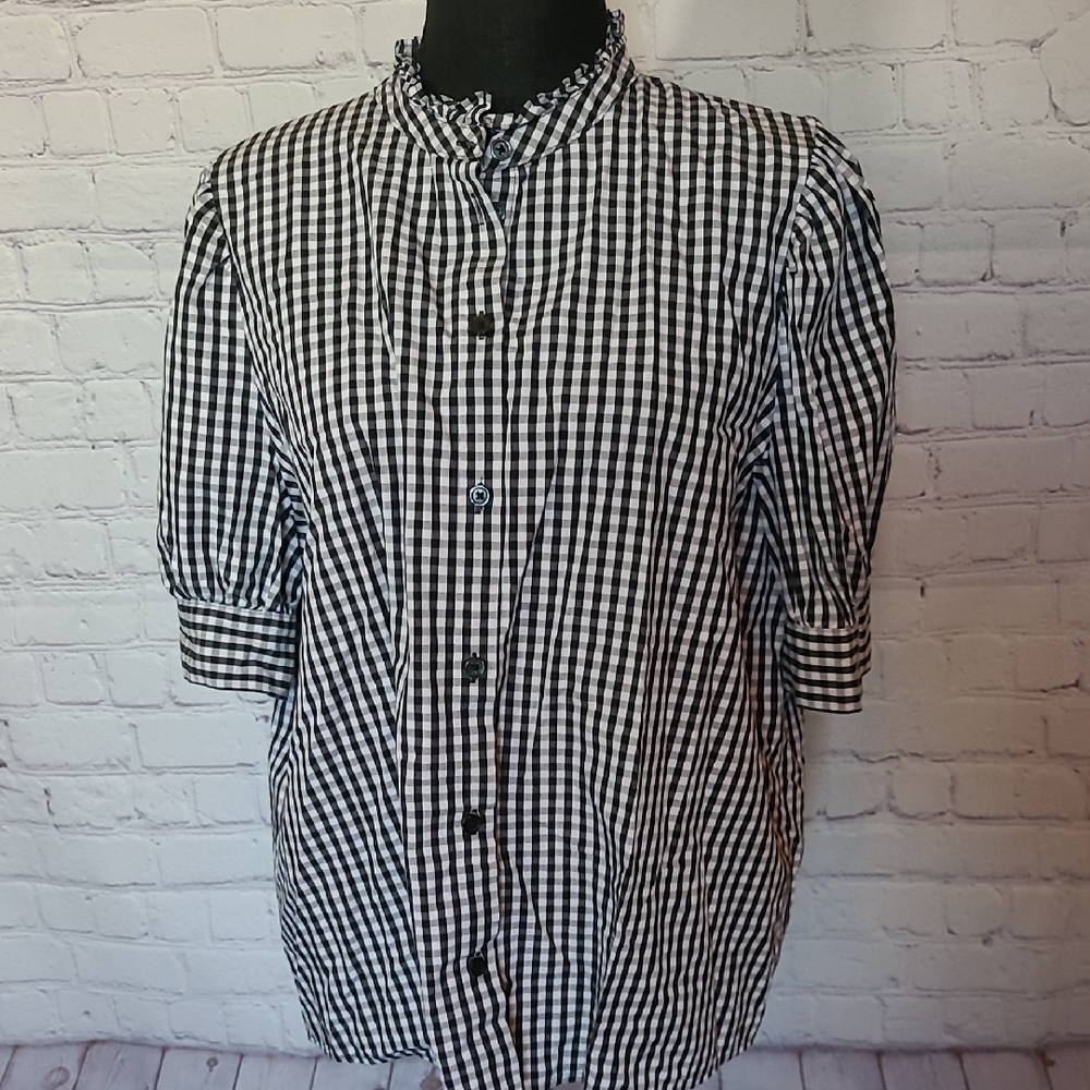 Who What Wear XL Black White Gingham Button Down Half Puffed Sleeve Shirt Fall